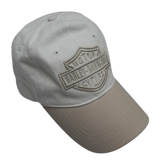 Harley Davidson Baseball Cap White Tan Logo Embroidered Adjustable Strap - Picture 1 of 5